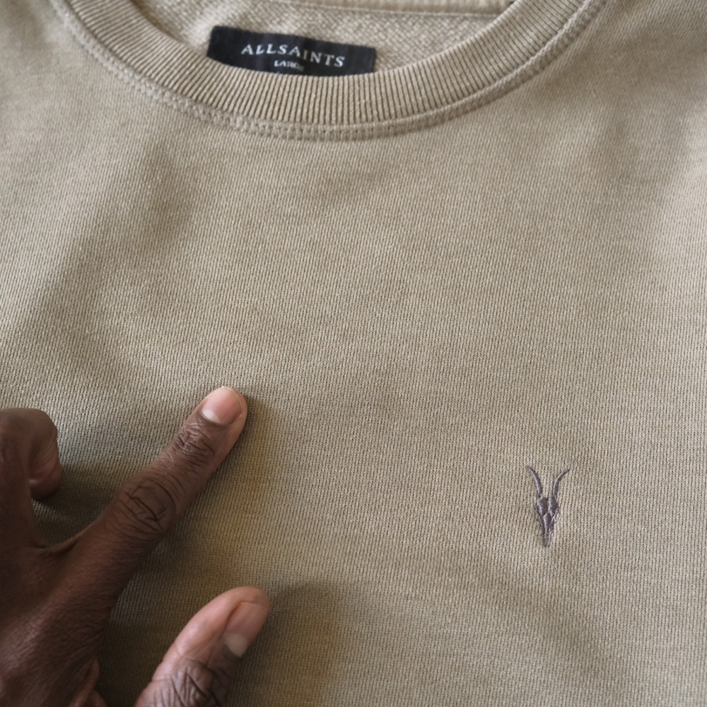 AllSaints Raven Crew Sweatshirt Taupe Brown Cotton Ramskull Logo Size Large L - Picture 2 of 9